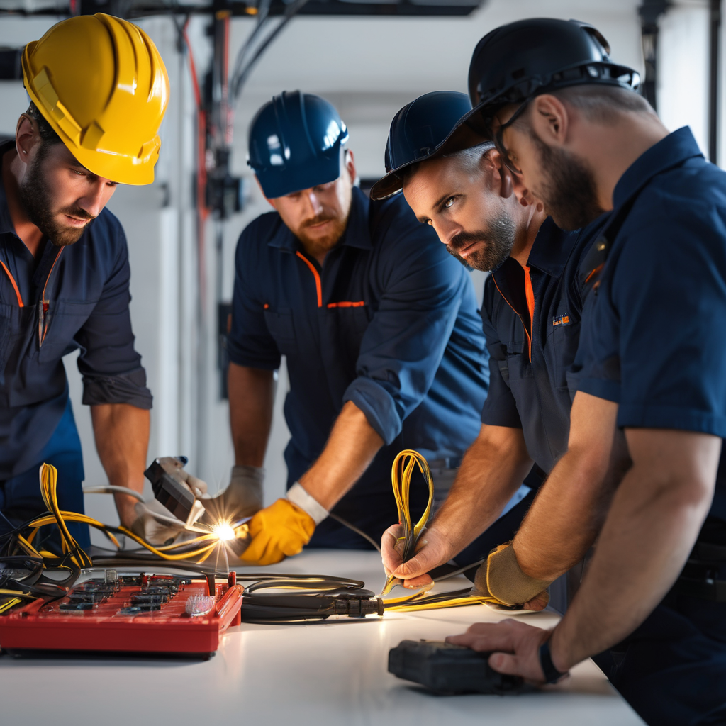 Professional team of electricians collaborating on residential service installation