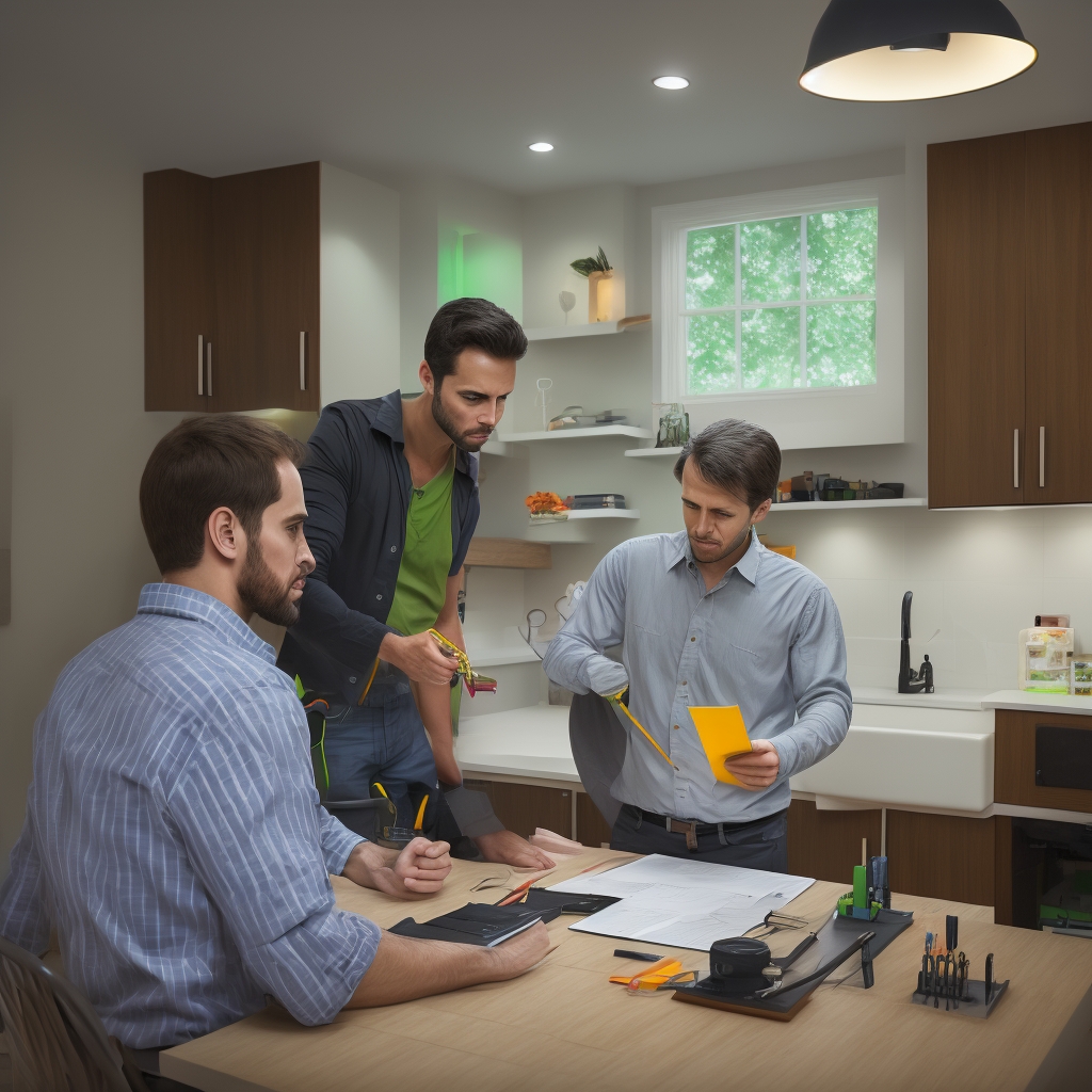 Electrician consulting with homeowner in kitchen about electrical project plan