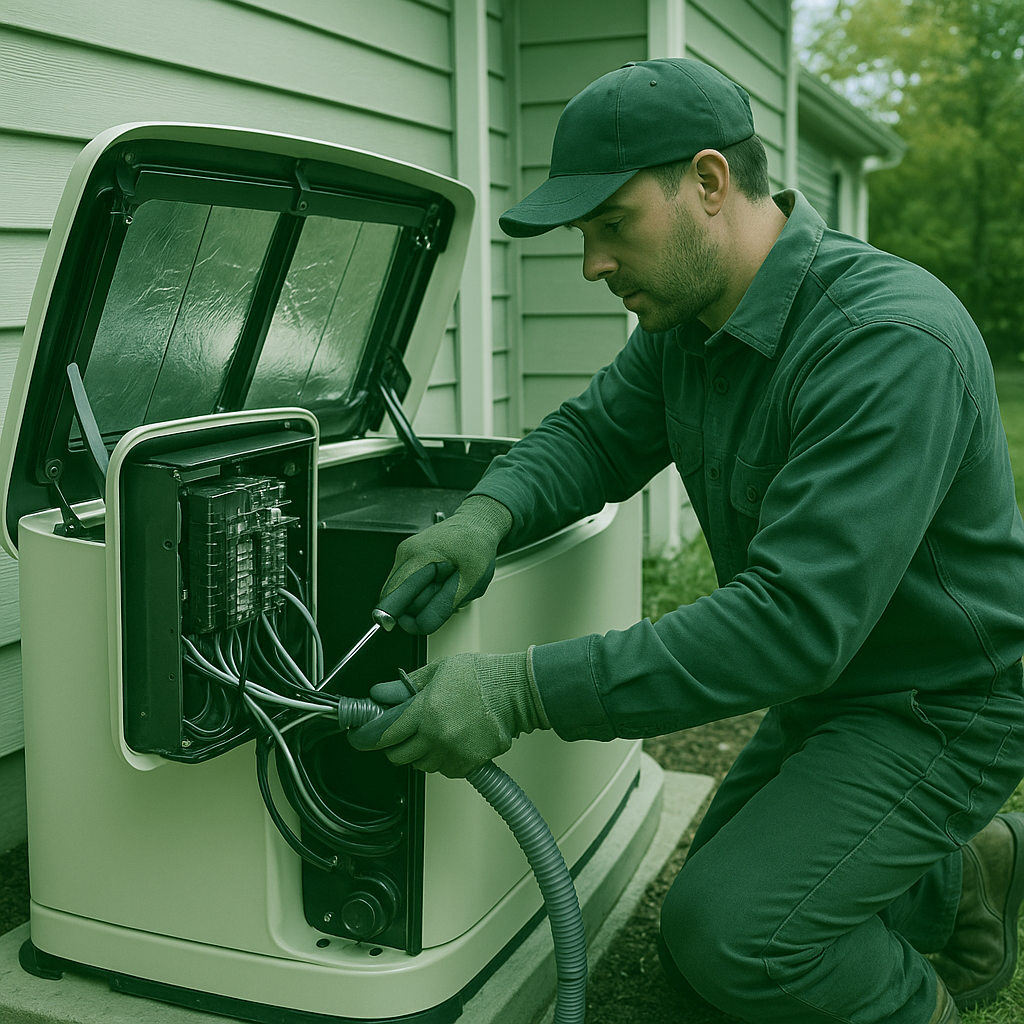 Electrician installing residential backup generator unit with professional wiring connections