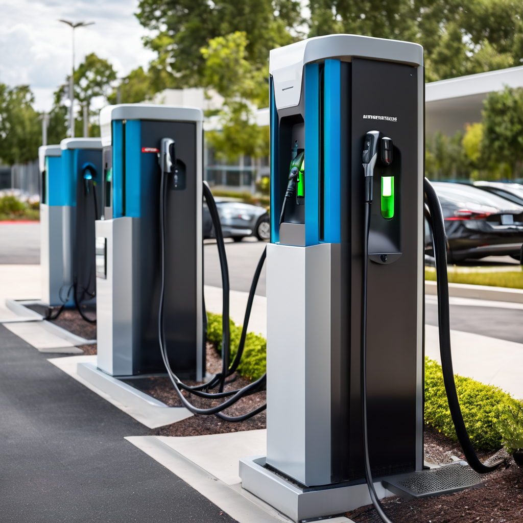 Modern electric vehicle charging station with professional electrical infrastructure installation