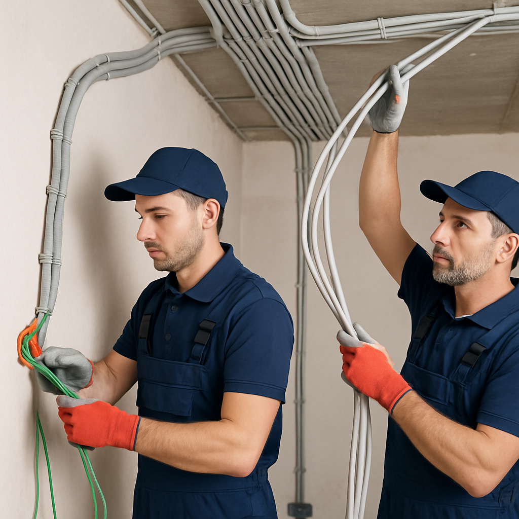 Expert electricians installing modern electrical wiring with proper cable routing and professional installation technique