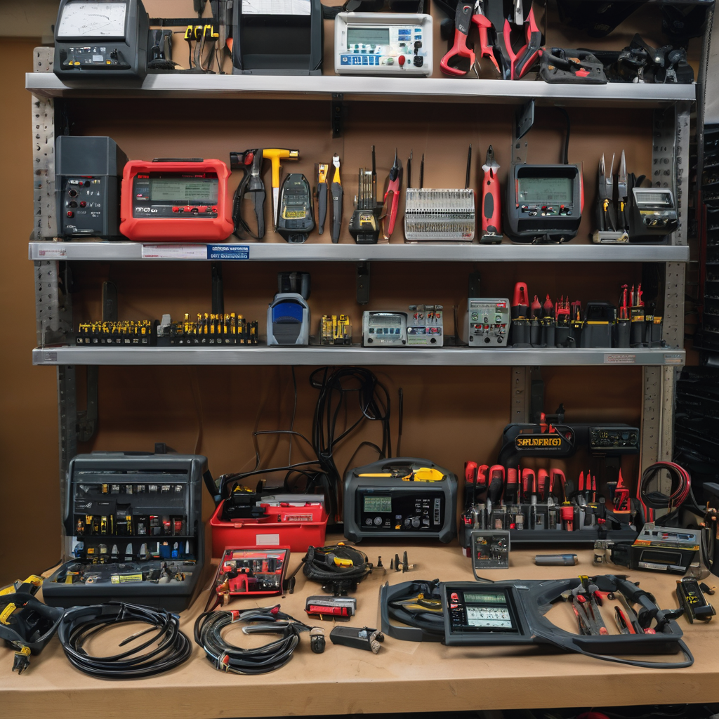 Organized collection of professional electrical tools and specialized equipment on workshop bench